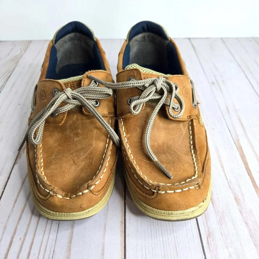 Sperry Lanyard Leather Boat Shoes Tan Kids Big Boy Size 5M